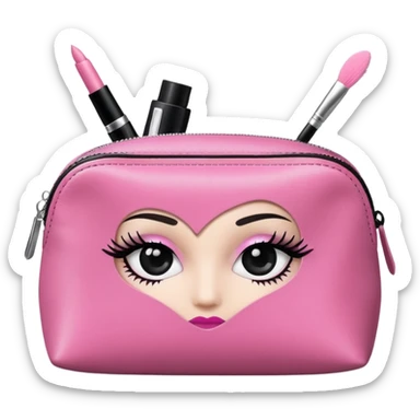 small makeup bag with mascara and compact peeking out sticker