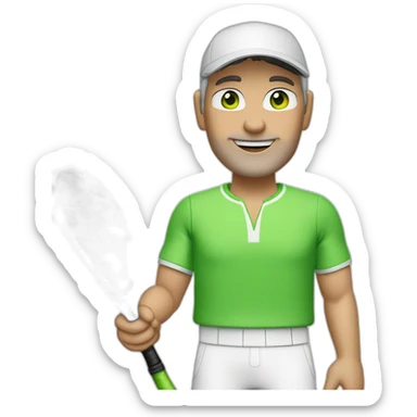 Tennisplayer white male in his 50s,Green eyes, gray hear, white cap with tennis raquet and tennis ball sticker