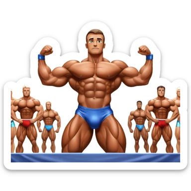 Bodybuilder on stage at a competition, covered in oil, flexing to showcase defined muscles under bright lights. The background shows a professional bodybuilding stage with judges and an audience in soft focus, highlighting the intense focus and discipline of the sport. Transparent background. sticker