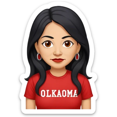 Realistic 50 year old Mexican woman long hair in a red “OKLAHOMA” t-shirt sticker
