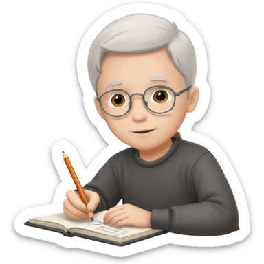 boy ,drawing pic of grandpa on the notebook, characoal sticker