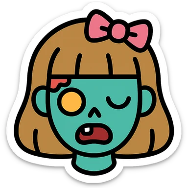 zombie girl with bangs, medium light brown hair and a pink bow, outlined color icon style sticker