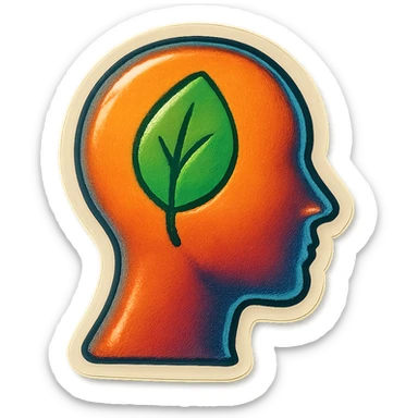 human silhouette or body with a leaf symbolizing mental health placed on the face, retro stickers style, clear outlines, strong shadows and highlights, fun and not too complex, psychosomatics and psychology theme sticker