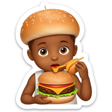 A brown skin baby eating a burger sticker