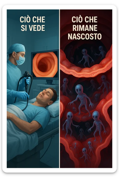 A split-screen medical illustration in cinematic style: on the left side, a doctor performing a colonoscopy on a patient in a sterile clinic, with the endoscopic camera displaying clean, healthy mucosal surfaces on a screen. On the right side, a symbolic cross-section of the same intestine — but shown in deeper layers beneath the surface, where parasitic organisms (small, translucent or shadowy figures) hide between folds and tissues not visible via standard scope. The contrast is clear: what is seen vs. what remains hidden. Lighting on the left is bright, sterile, clinical; lighting on the right is darker, with red and blue tones to suggest inflammation and invasion. Shot in hyper-realistic 3D medical style, educational but emotionally charged IN ITALIANO sticker