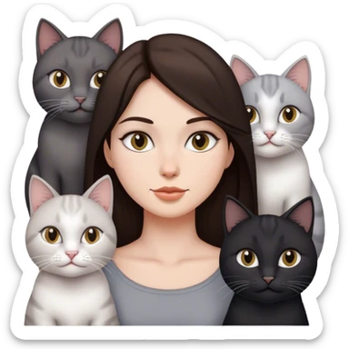 brunette woman with four cat, one is black one is full white the other two is full gray cats sticker
