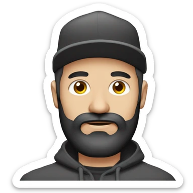 Hombre de ojos claros, con barba fina y perilla, gorra negra bordada, y sudadera gris. Expresión relajada y estilo urbano. sticker