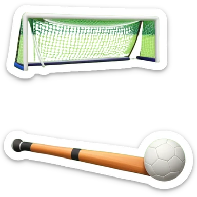 A field hockey stick and ball resting on a well-maintained grass field, with the goalposts and markings visible in the background. The scene highlights the precision and focus of the sport, with the vibrant green pitch creating a dynamic atmosphere. sticker