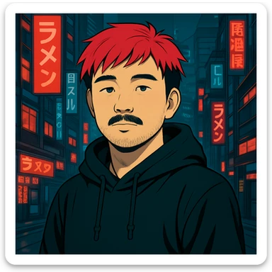 Asian man with a bit round face, less mustache, and a bit of beard, red hair, black hoodie, Japanese cyberpunk anime style, futuristic city background sticker