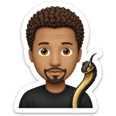 Homme noir, yeux marron avec un bouc menton, cheveux court et bouclé crépus avec un dégradé sur le côté, avec un cobra à côté , t-shirt noir  sticker