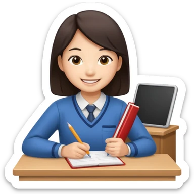 The asian student submits his work to the teacher sticker