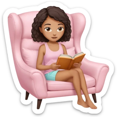 Mixed-race woman with caramel skin, wearing a light pink tank top and white shorts, reading a book in a cozy pastel-toned chair sticker