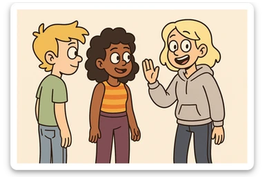 A boy dark yellow hair light green t-shirt white lightfo blue jeans girl brown skin black hair hairstyle curly hair yellow orange stripes top purple trousers girl yellow hair light grey hoodie dark blue jeans a hand hello  sticker