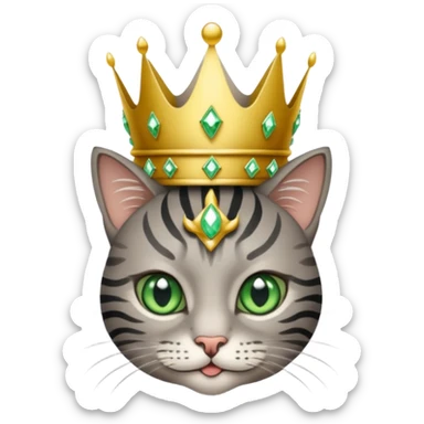 Gatito gris con rayas negras ojos verdes vestida de reina con coronas y diamantes sticker