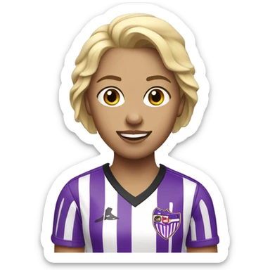 a blonde woman in white soccer jersey with purple pinstripes sticker