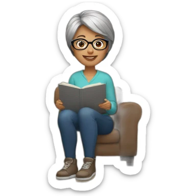Woman with short gray hair and glasses sitting by fireplace  sticker