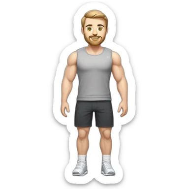 Full height Pale skinned muscular man With Realistic eyes and mouth, light brown hair and stubble In dark gray sleeveless mike, black oversize sports shorts, watch and white sneakers. sticker