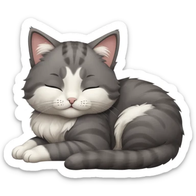 dark grey and white small cat with closed eyes, leaning his head on his paw while leaning on his elbow lying down sticker