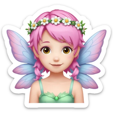 A tiny pastel fairy with pink hair with glowing wings and a sweet smile and tiny flower crown
 sticker