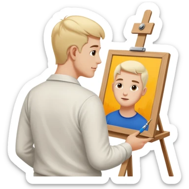 the white artist stands with his back to the painting, painting a portrait sticker