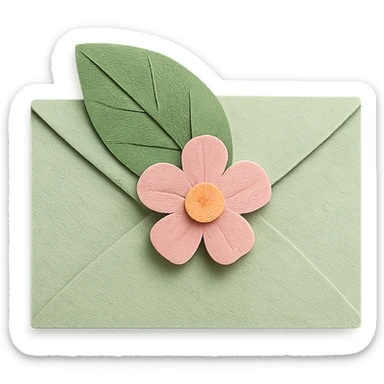 leaf envelope sealed with a flower, pastel greens and pinks, paper-craft style sticker