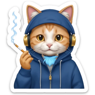 cat in headphones, in a dark-blue oversized hoodie with a cigarette in his hand  sticker
