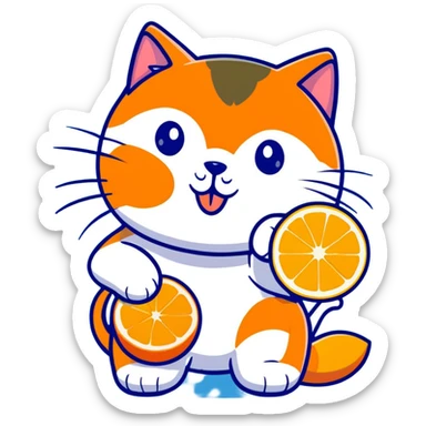 Cartoon orange cat eating an orange fruit that has a cat face on it sticker