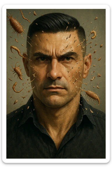 Vertical portrait of a man's face in a realistic style with a determined expression. Parasites shatter against an invisible barrier, evoking an atmosphere of victory and well-being. sticker