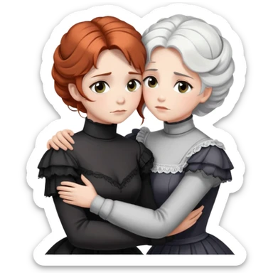 Two Victorian women with grey eyes in a sad, intimate hug. One has bright white coiffed hair, one has dark copper coiffed hair. Both wearing Victorian turtleneck dresses with arms tightly around each other. sticker