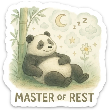 relaxed panda reclining against a bamboo tree, surrounded by floating dreamlike symbols, embodying the title 'Master of Rest', in a soft, tranquil style sticker