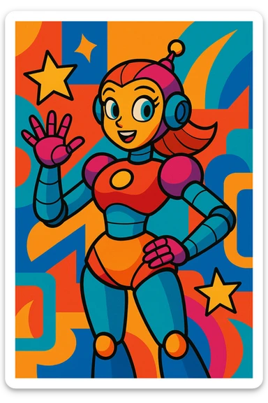 female robot, vibrant toon style, colorful, lively, detailed character illustration sticker