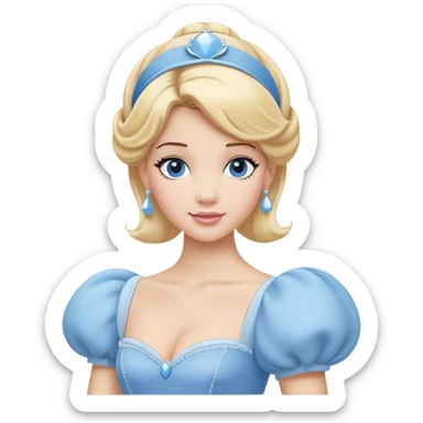 Cinderella from hips up, iconic powder blue ballgown with puffed sleeves, blonde hair with blue headband, minimal style but very recognizable sticker