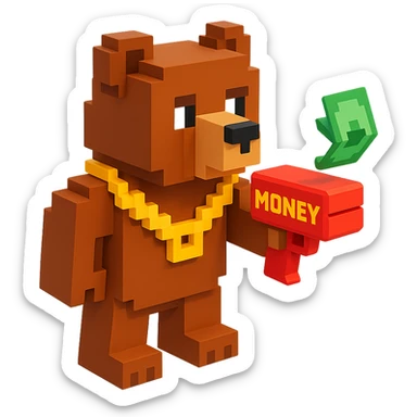 A grizzly bear with a chain and a money gun, voxel style, facing right sticker
