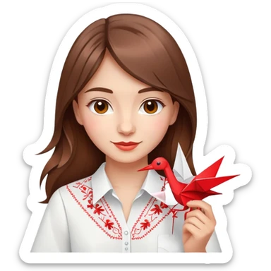 Happy Ukrainian young girl with brown hair in a white embroidered shirt holds an origami red crane sticker