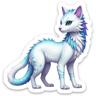 Kawaii white iridescent beautiful pretty elegant divine edgy fantasy feline-vernid-fionbri-protogen-sergal-fursona animal creature with a tufted tail full body with intricate markings  sticker