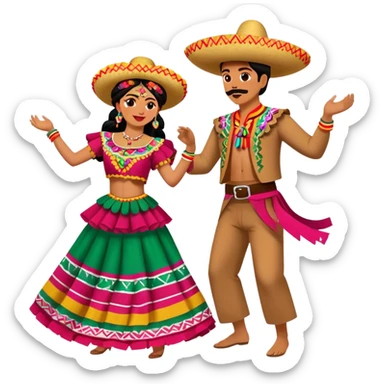 Cinematic Realistic scene of two performers dancing the Jarabe Tapatío, dressed in colorful traditional Mexican costumes with intricate embroidery, captured in energetic, festive motion with vibrant, celebratory lighting sticker