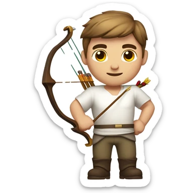 a male archer holding a bow, wearing a white shirt, very short brown hair, bright skin, only show upper part of the body from waist up sticker