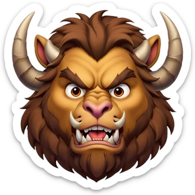 Beast from Beauty and the Beast with human mouth but angry expression, furrowed brow, still with horns and fur sticker