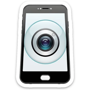 Minimalistic flat vector icon, iOS style, thin black contour on white background. Smartphone with a camera lens symbol. No text, no shadows.
 sticker