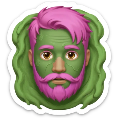 pink haired man with full full face dirty messy green clay mask and beard sticker