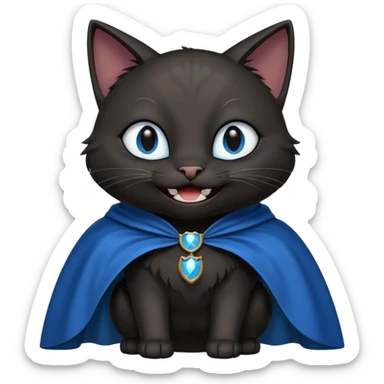 an all black anthropomorphic cat with blue eyes wears an all black cape and is smiling a mischievous sharp tooth grin sticker