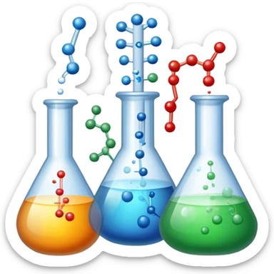 An icon featuring chemical flasks with tubes, representing hydrolysis, along with liquids, powders, and chemical formulas. The design includes molecules and reaction symbols, symbolizing the study of chemical processes and compounds. Transparent background highlights the science of reactions. sticker