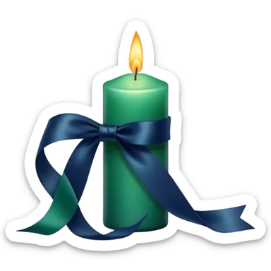 A charmingly arranged composition of a glass candle in a rich emerald shade, placed next to a carefully folded navy blue ribbon. sticker