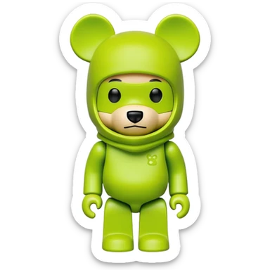 authentic bearbrick collectible figure with squared head and bear features, wearing a bright lime balaclava with defined thick eyebrows, toy design sticker