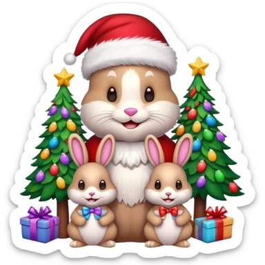 Smiling multi-colored Bunny friends with Santa hats sitting by brightly lit colorful Christmas trees and candy canes 🎁  sticker