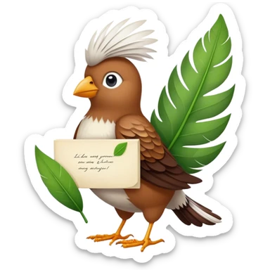 A hyper realistic bird carrying a leaf with a note on it sticker