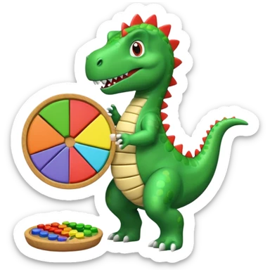 Dancing Dino holding an abacus against a pie chart sticker