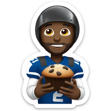 Black man with beard with Colts football helmet eating a chocolate chip muffin sticker
