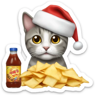 Cat wearing a Santa hat, while salt and vinegar chips  sticker