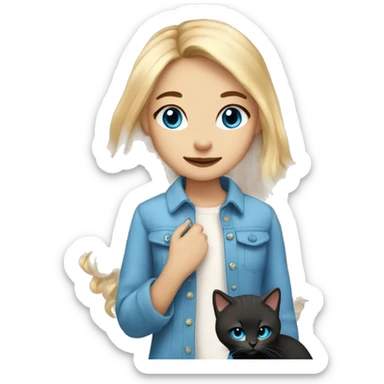 Blondir girl with blue eyes and middle long hair and she has in hand little black kitty with long cat hair  sticker